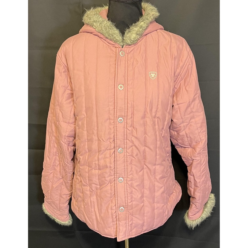 Ariat Quilted Jacket Womens Large Pink Hooded Faux Fur Lined Pockets‎ Insulated